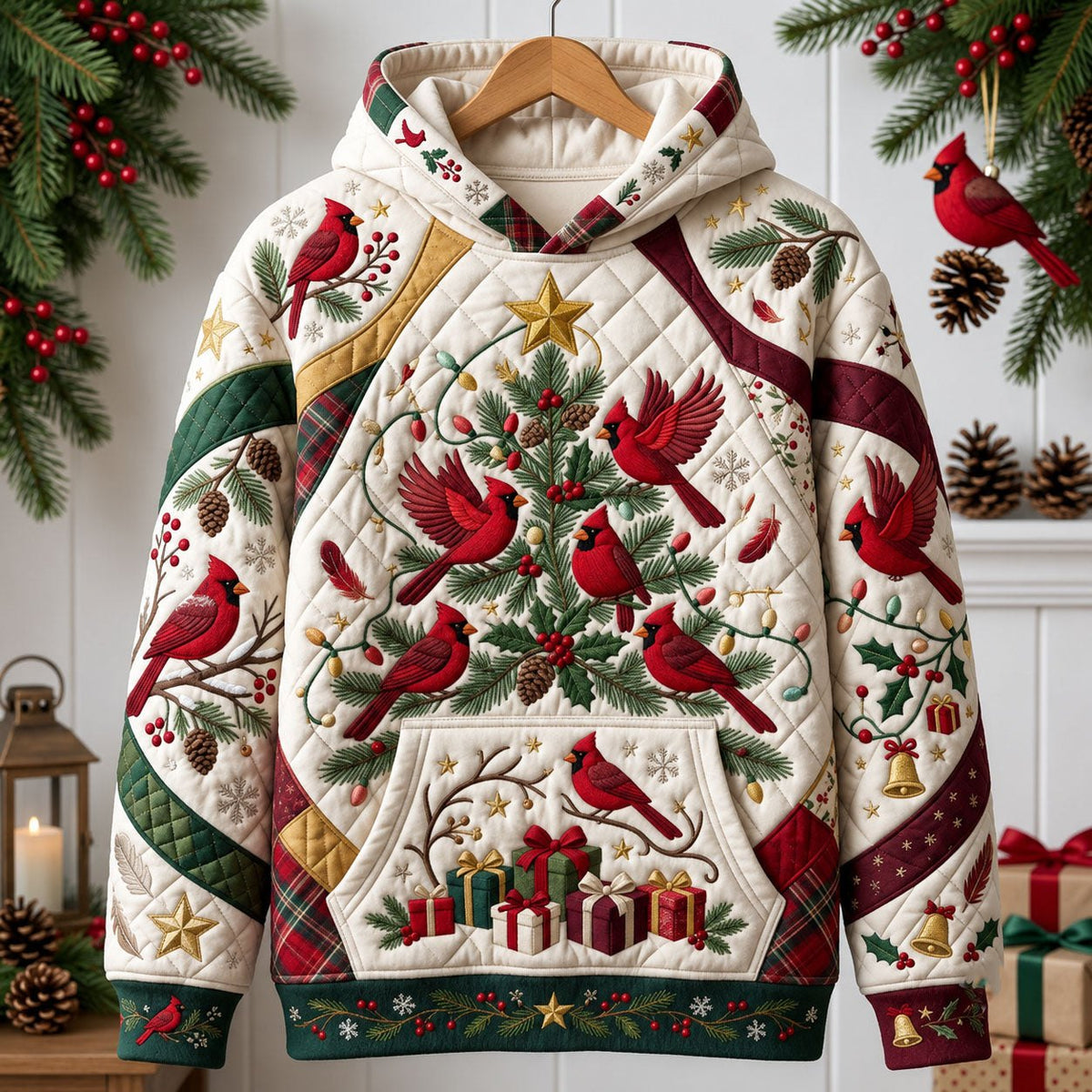 Cardinal Christmas Tree hoodie, all-over print