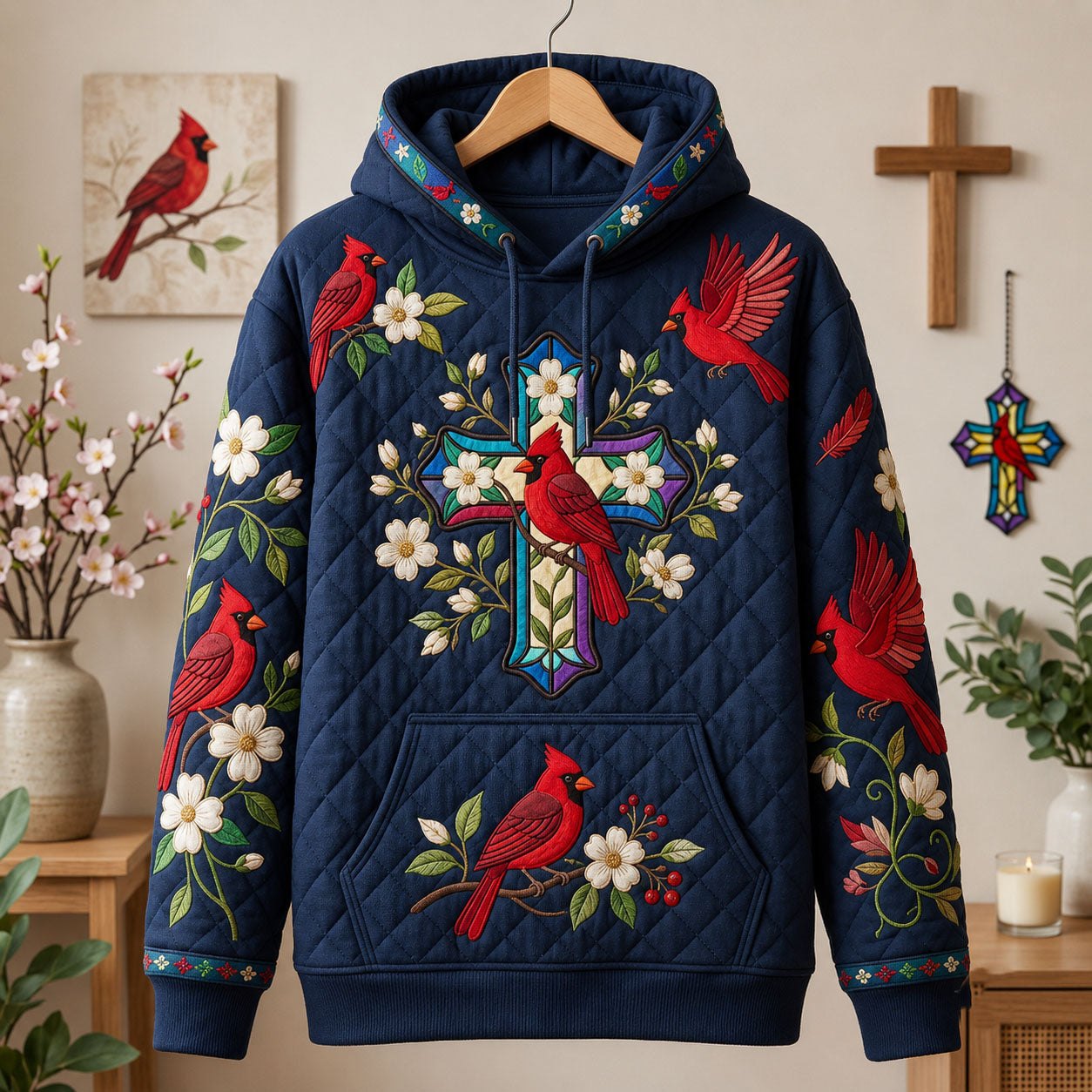 Stained Glass Cross Cardinal hoodie, all-over print