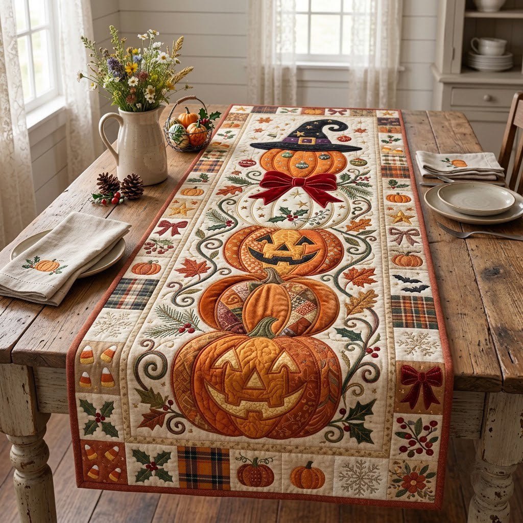Carved Pumpkins in Autumn Blocks Table Runner