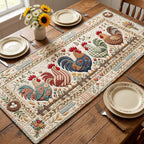 Rooster with Hens on Cream Blocks Table Runner