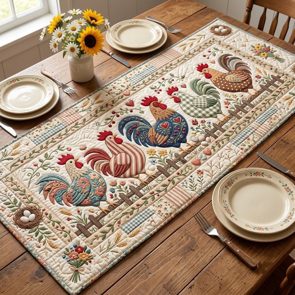 Rooster with Hens on Cream Blocks Table Runner