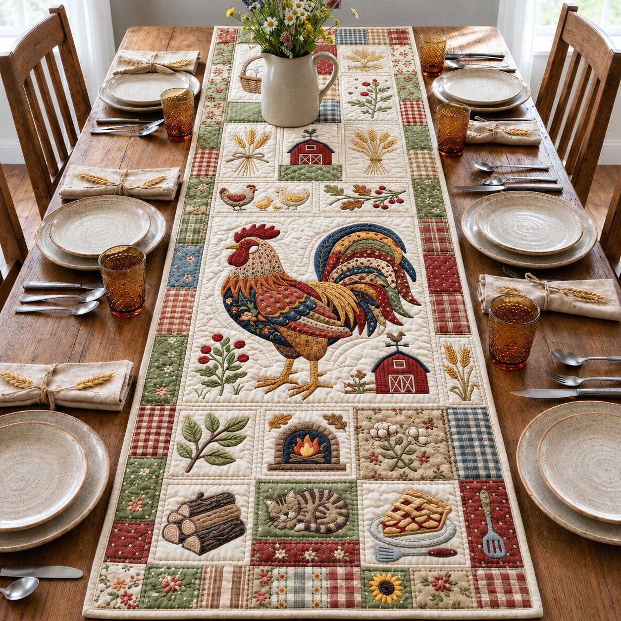 Rooster and Farm Kitchen Blocks Table Runner