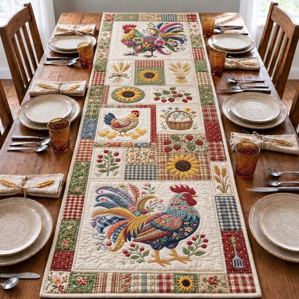 Rooster with Sunflower Sampler Squares Table Runner