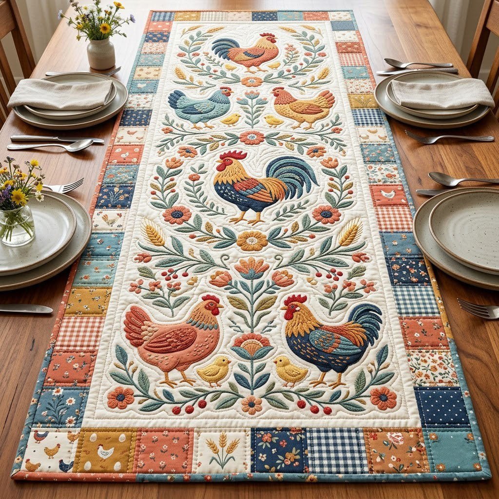 Rooster Medallion on Patchwork Table Runner
