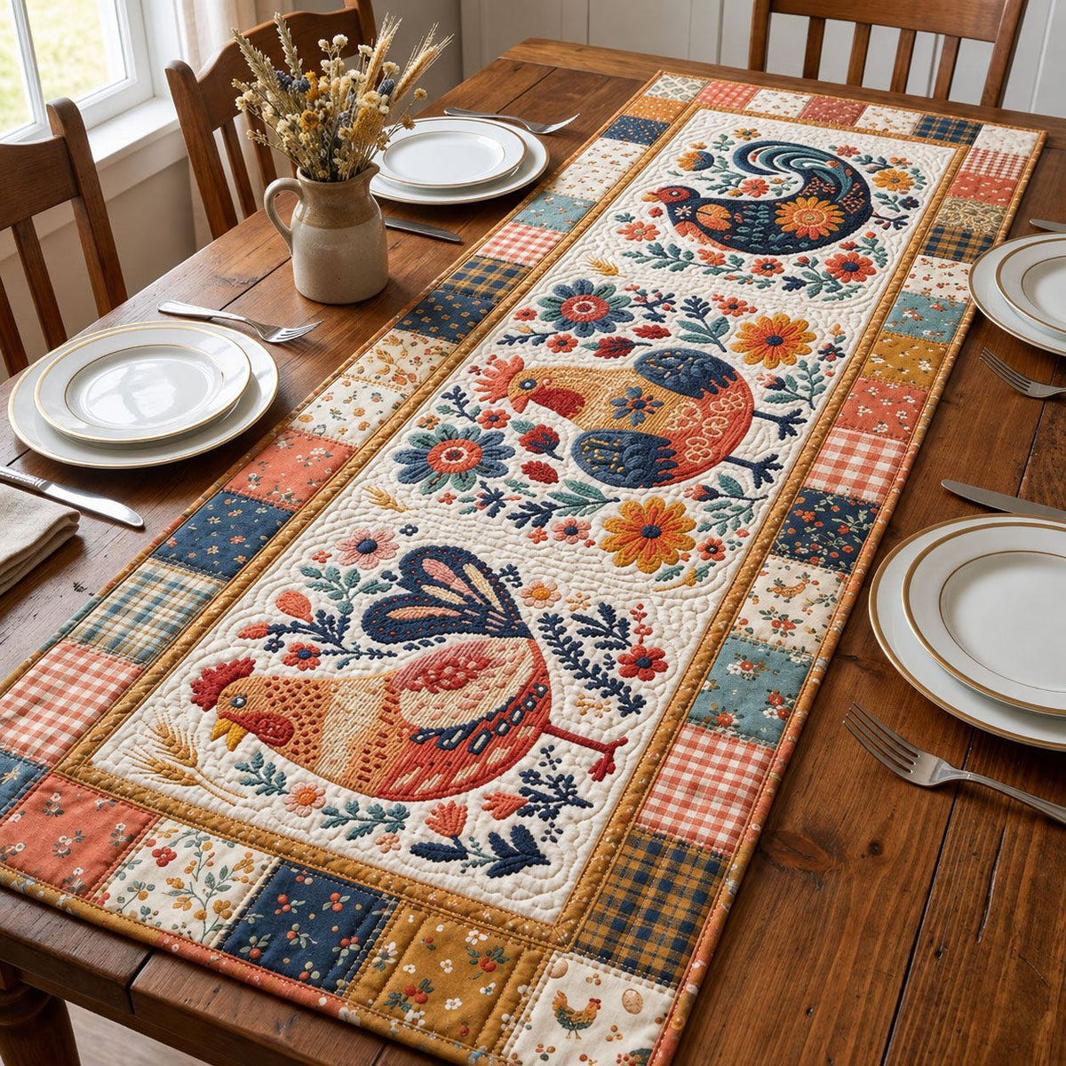 Folk Birds on Cream Blocks Table Runner