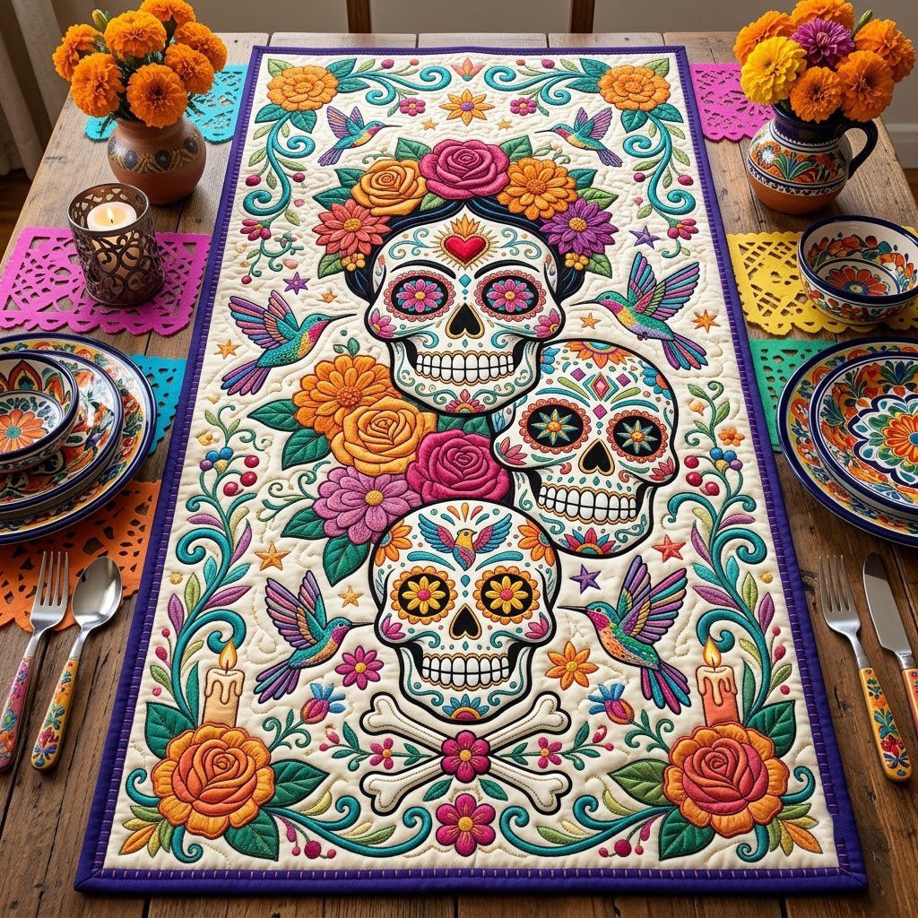 Sugar Skulls with Roses and Birds Table Runner