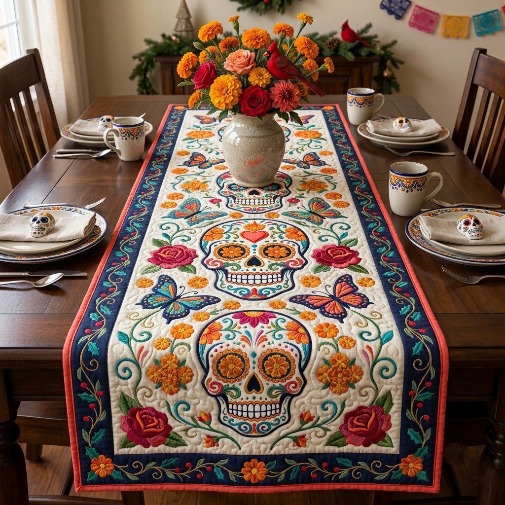 Sugar Skull with Butterflies on Cream Table Runner