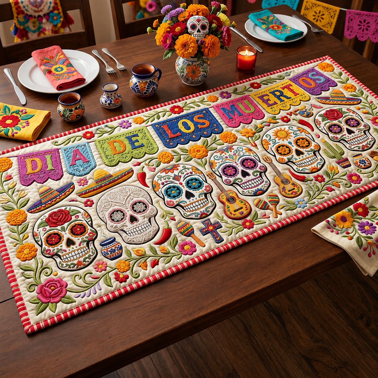 Dia de los Muertos Skull Row Table Runner