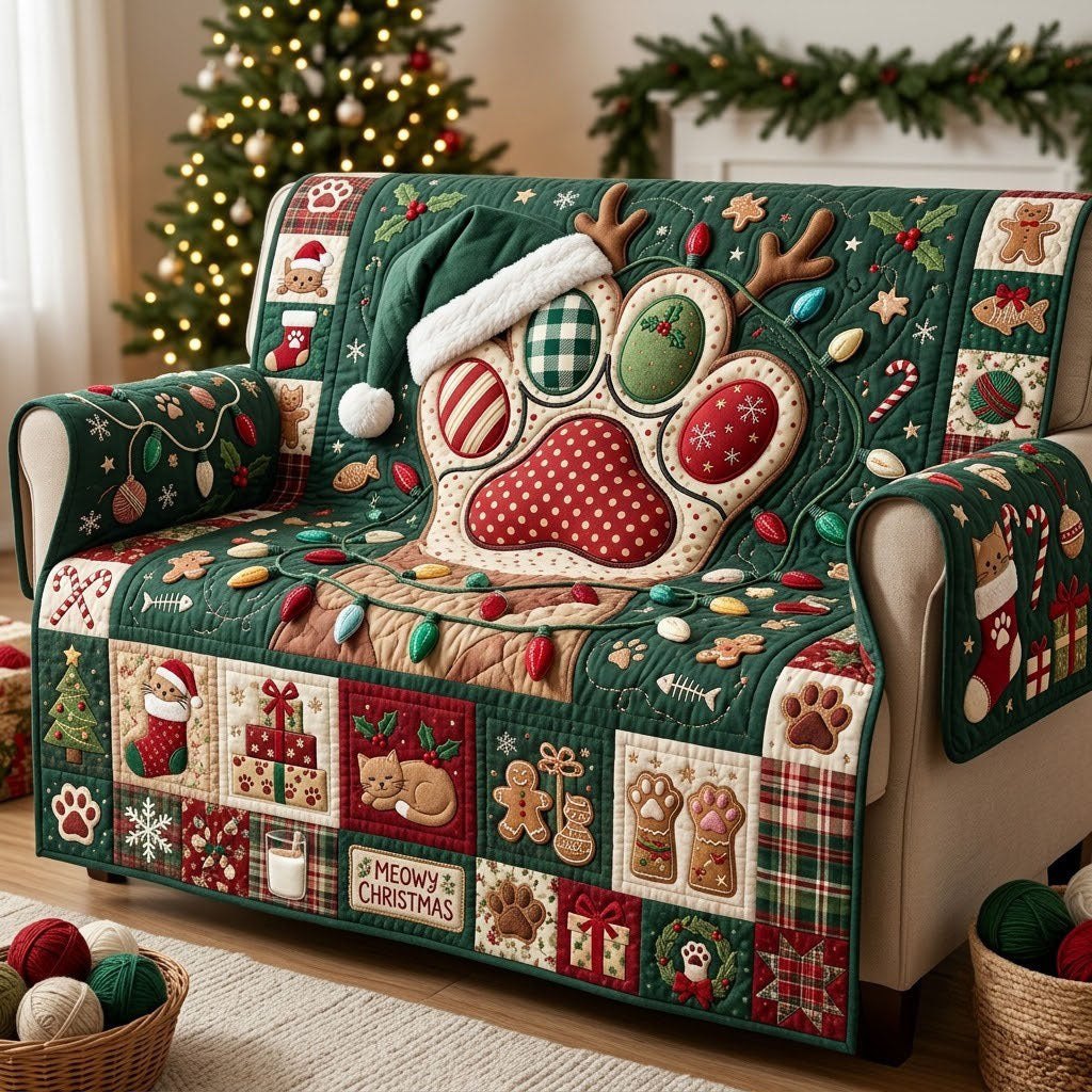 Paw Prints and Gifts on Green Sofa Cover