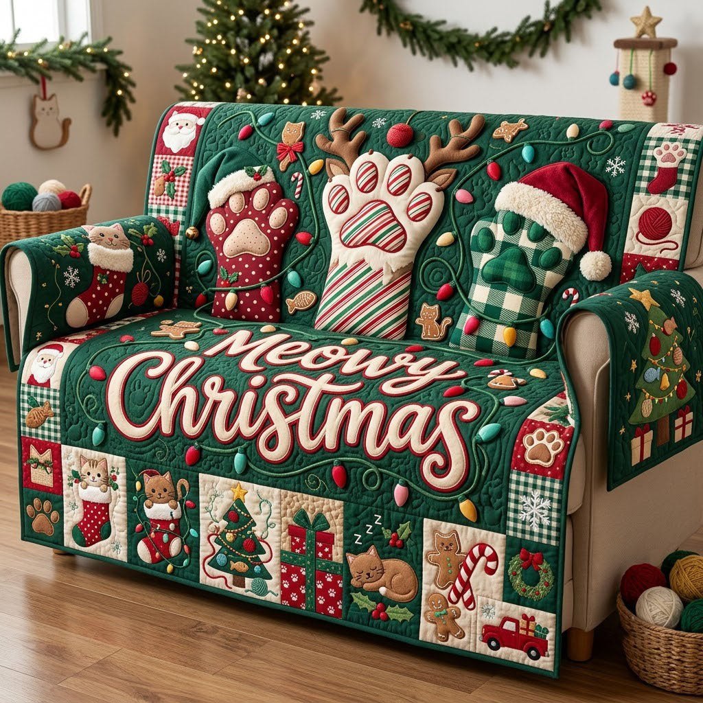 Meowy Christmas Paws and Stockings Sofa Cover