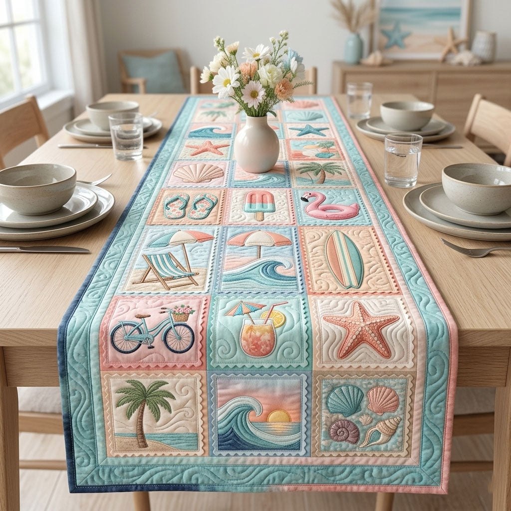 Pastel Beach Icon Squares Table Runner