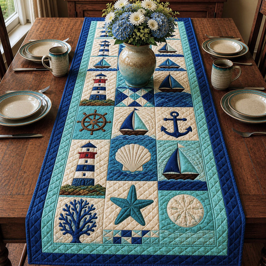 Navy Nautical Blocks with Lighthouse Table Runner