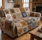 Paw Prints on Cream and Blue Blocks Sofa Cover