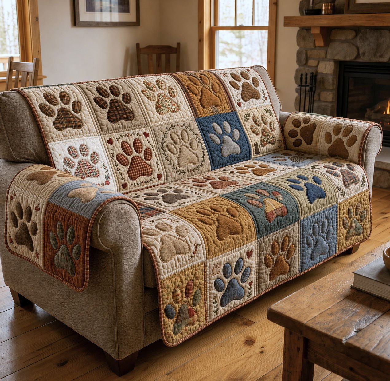 Paw Prints on Cream and Blue Blocks Sofa Cover