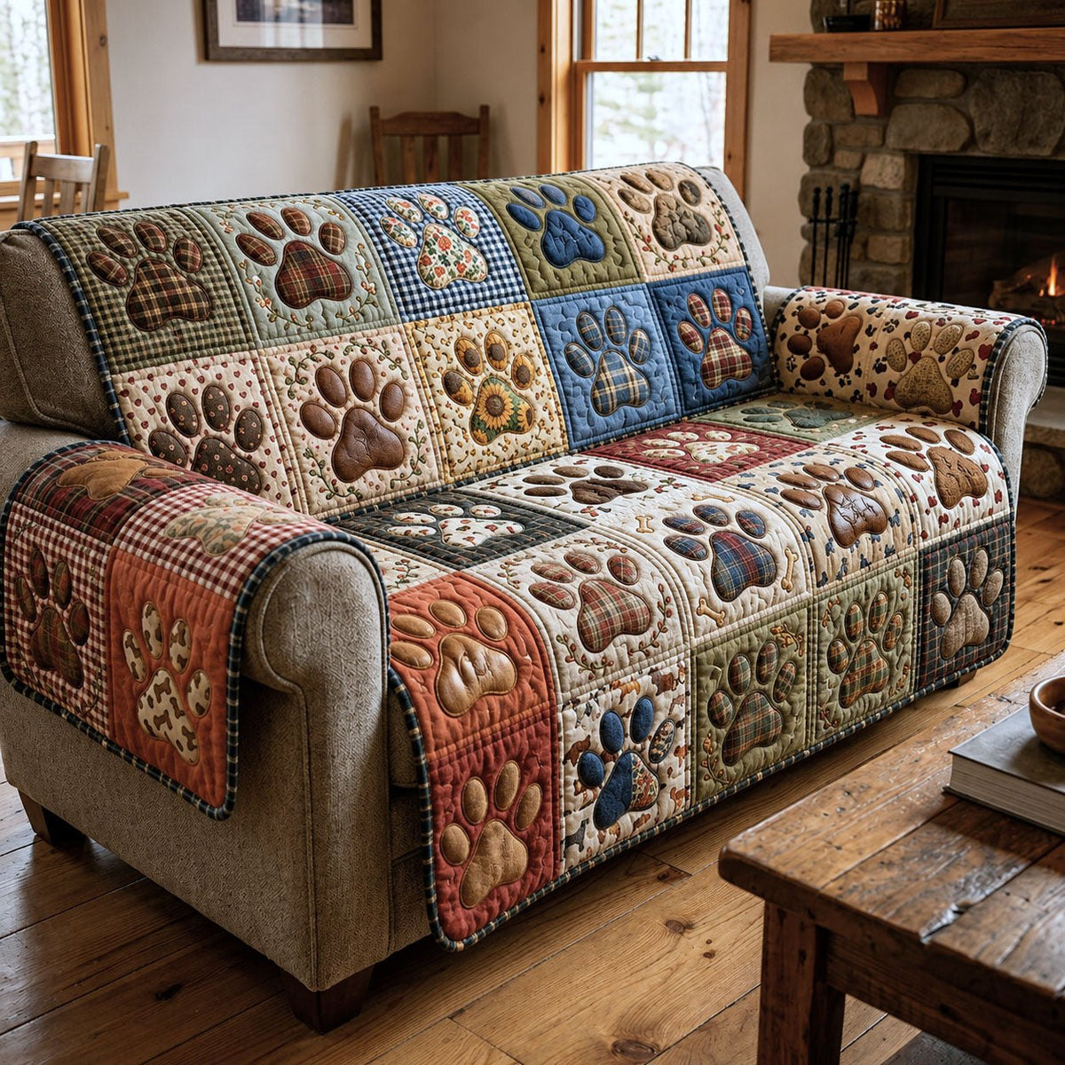 Paw Prints on Warm Rust Squares Sofa Cover