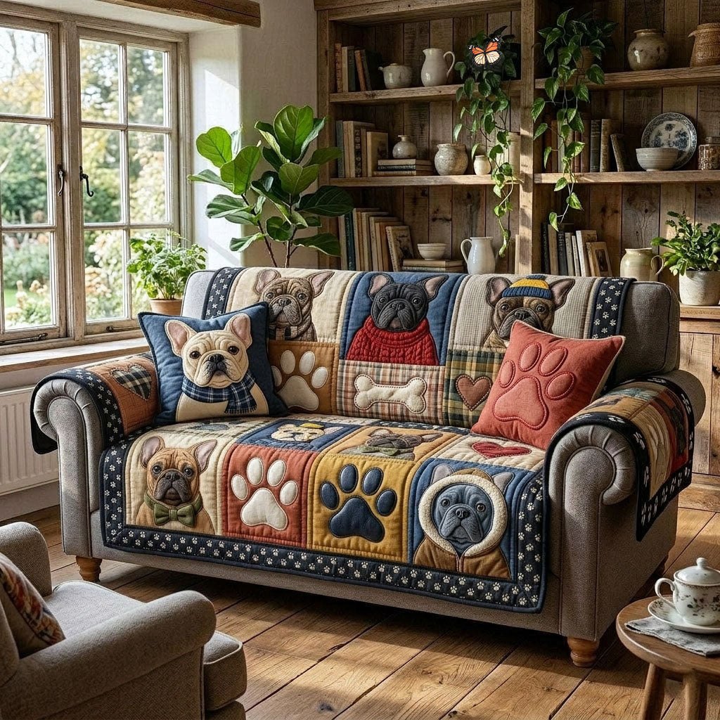 Dog Breed Squares in Country Patchwork Sofa Cover