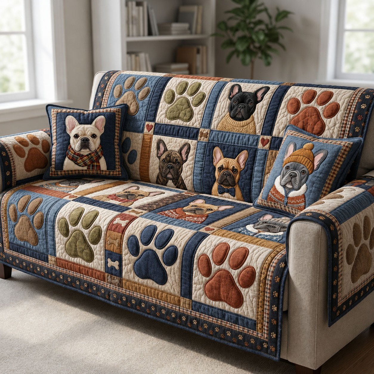 Paw Prints in the Denim Patchwork Sofa Cover