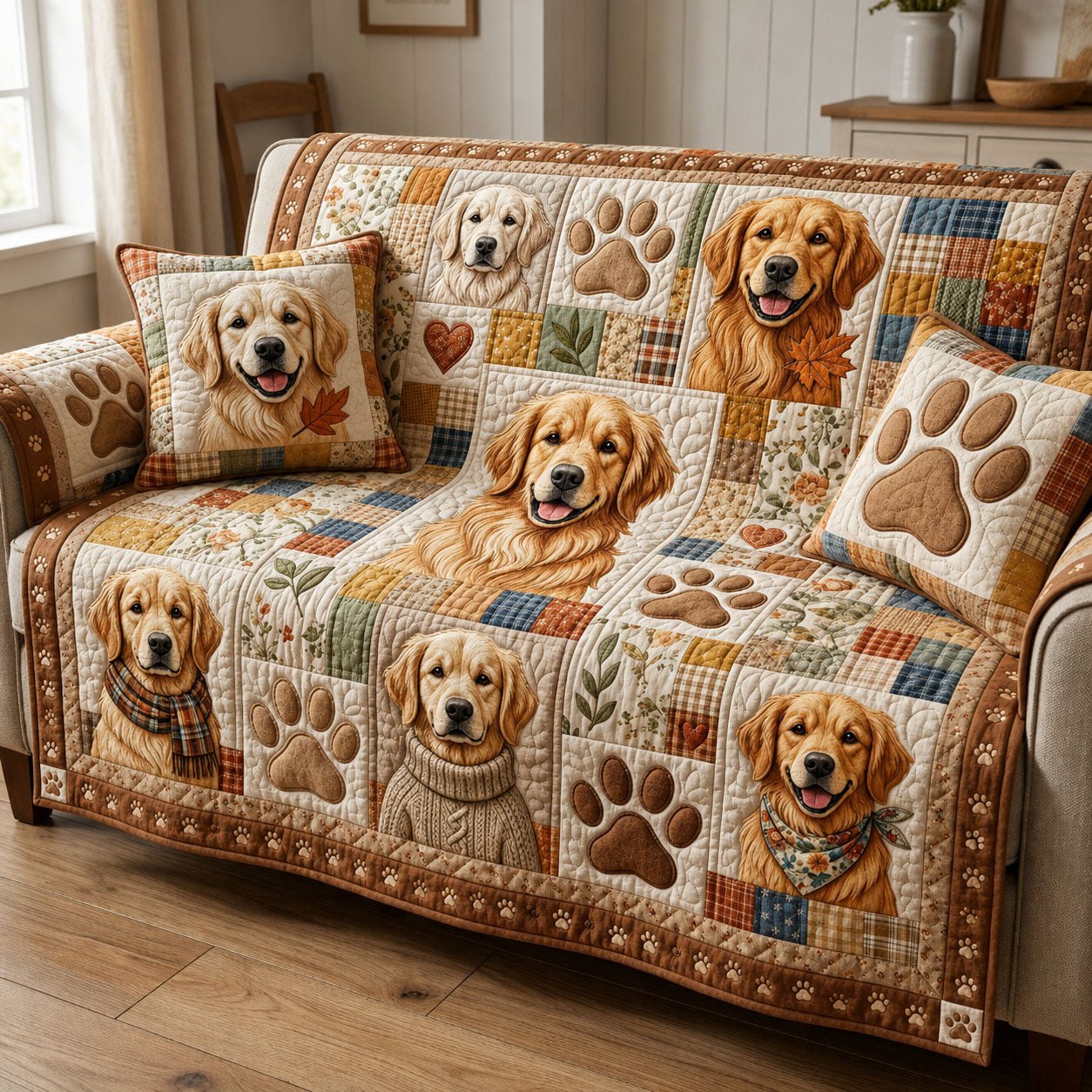 Golden Retrievers Among Paw Print Blocks Sofa Cover