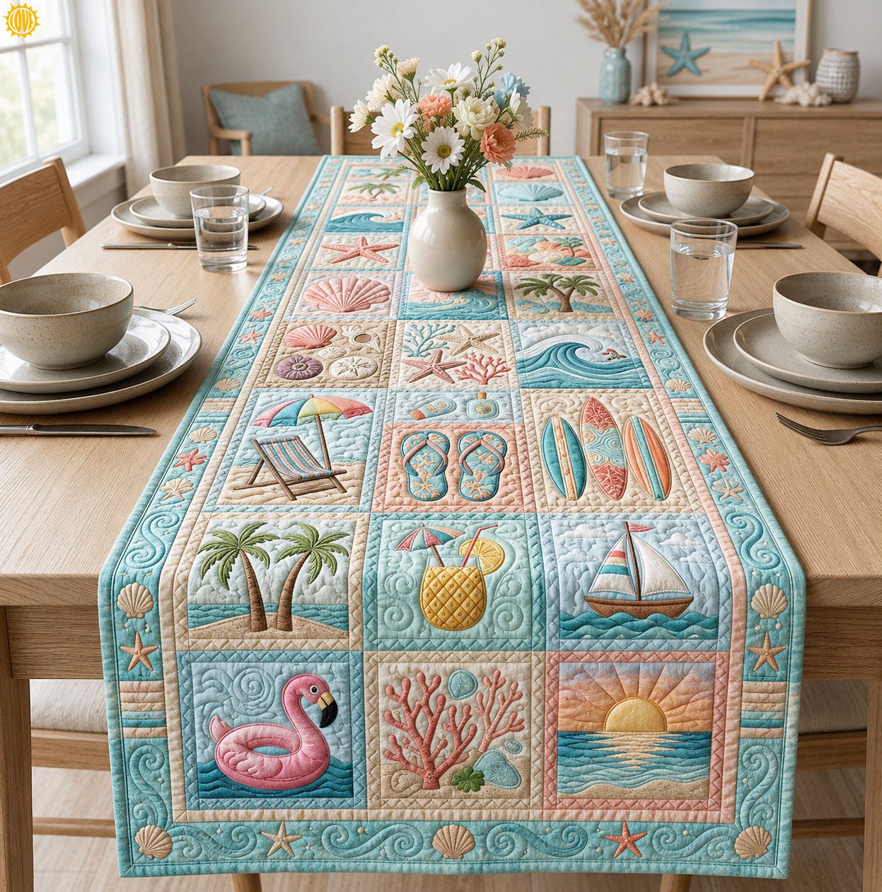 Beach Squares with Flamingo Float Table Runner