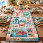 Sea Creature Squares on Blue Table Runner