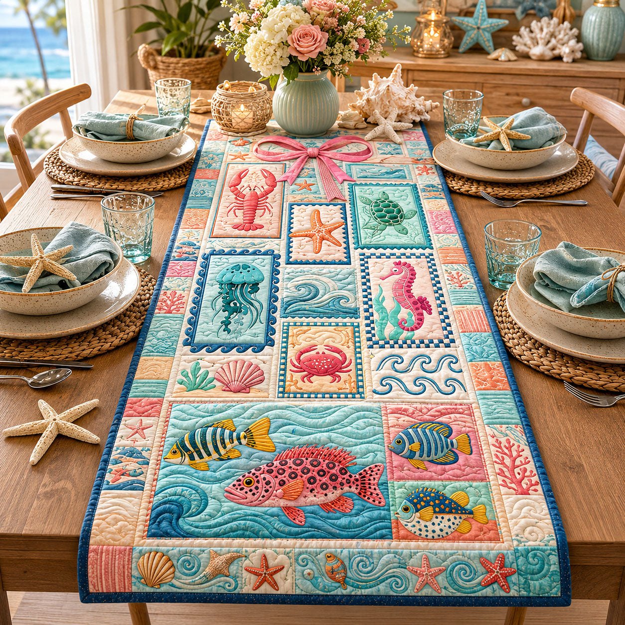 Sea Creature Squares on Blue Table Runner