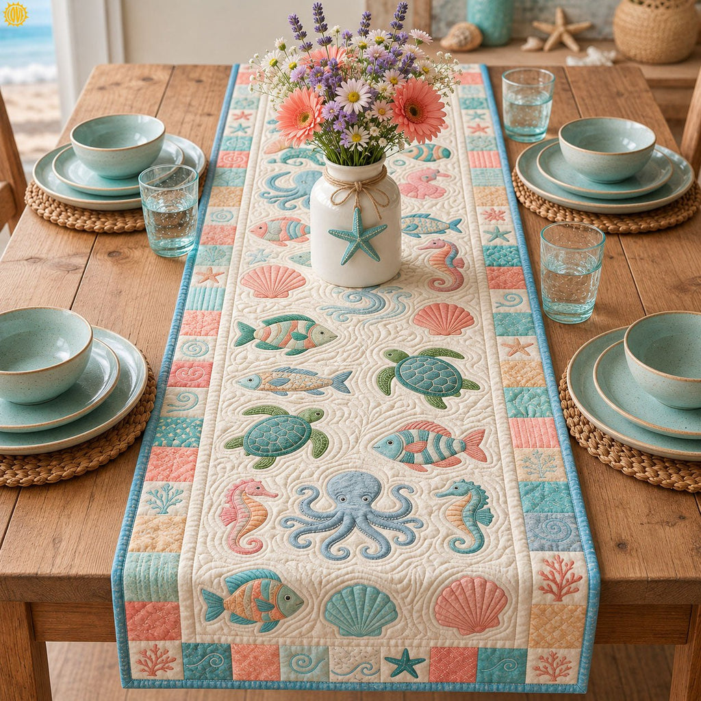 Pastel Sea Life on Cream Table Runner