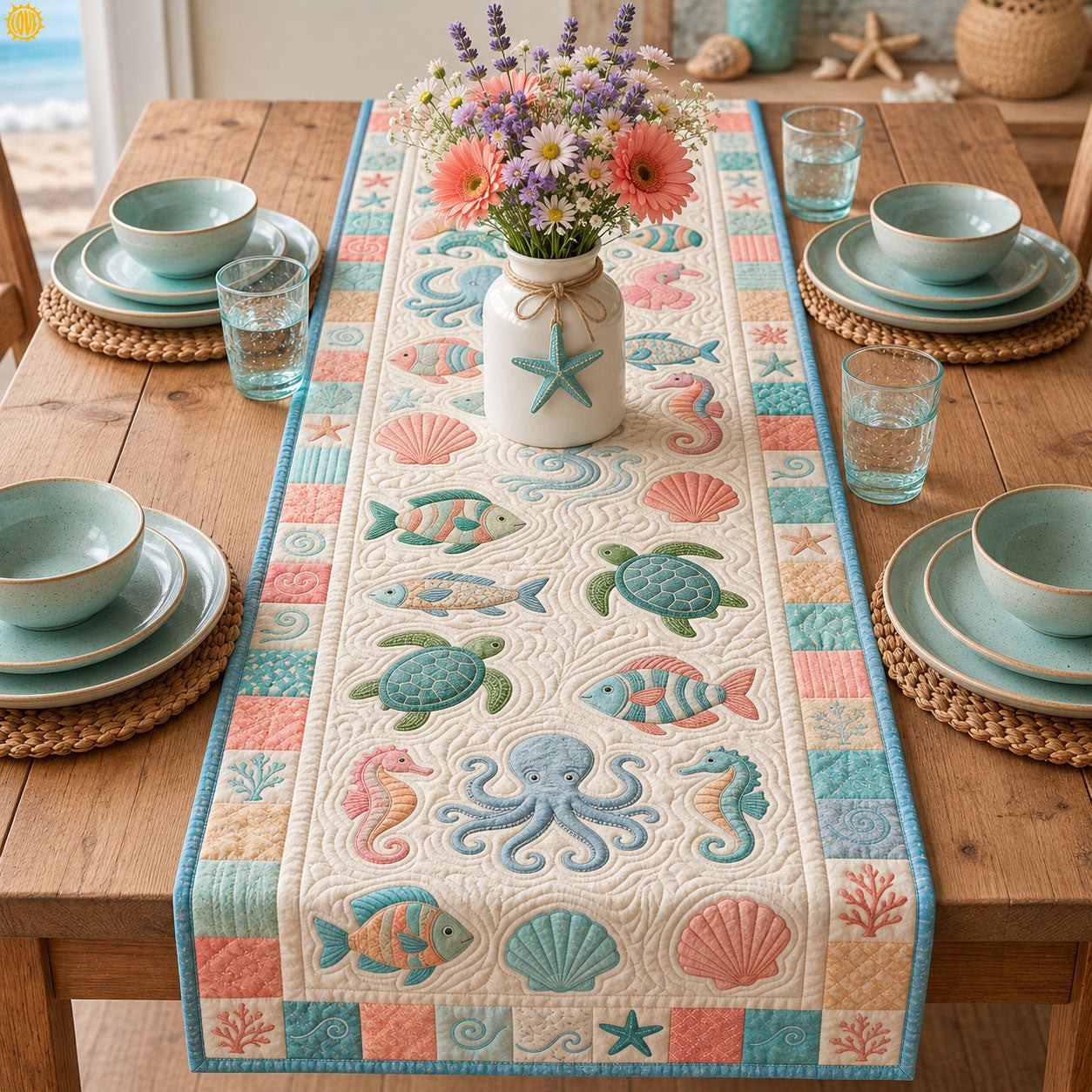 Pastel Sea Life on Cream Table Runner