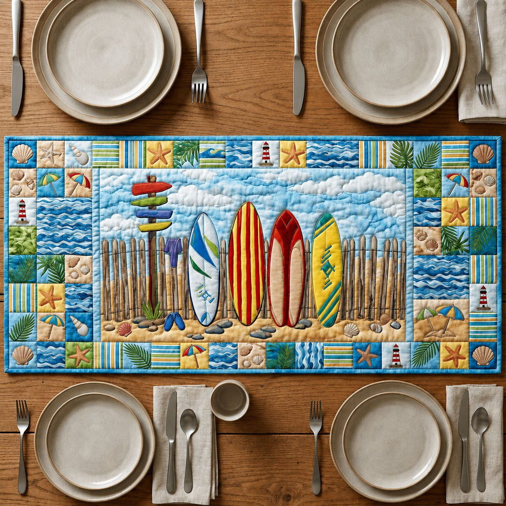 Surfboards Leaning on Beach Fence Table Runner