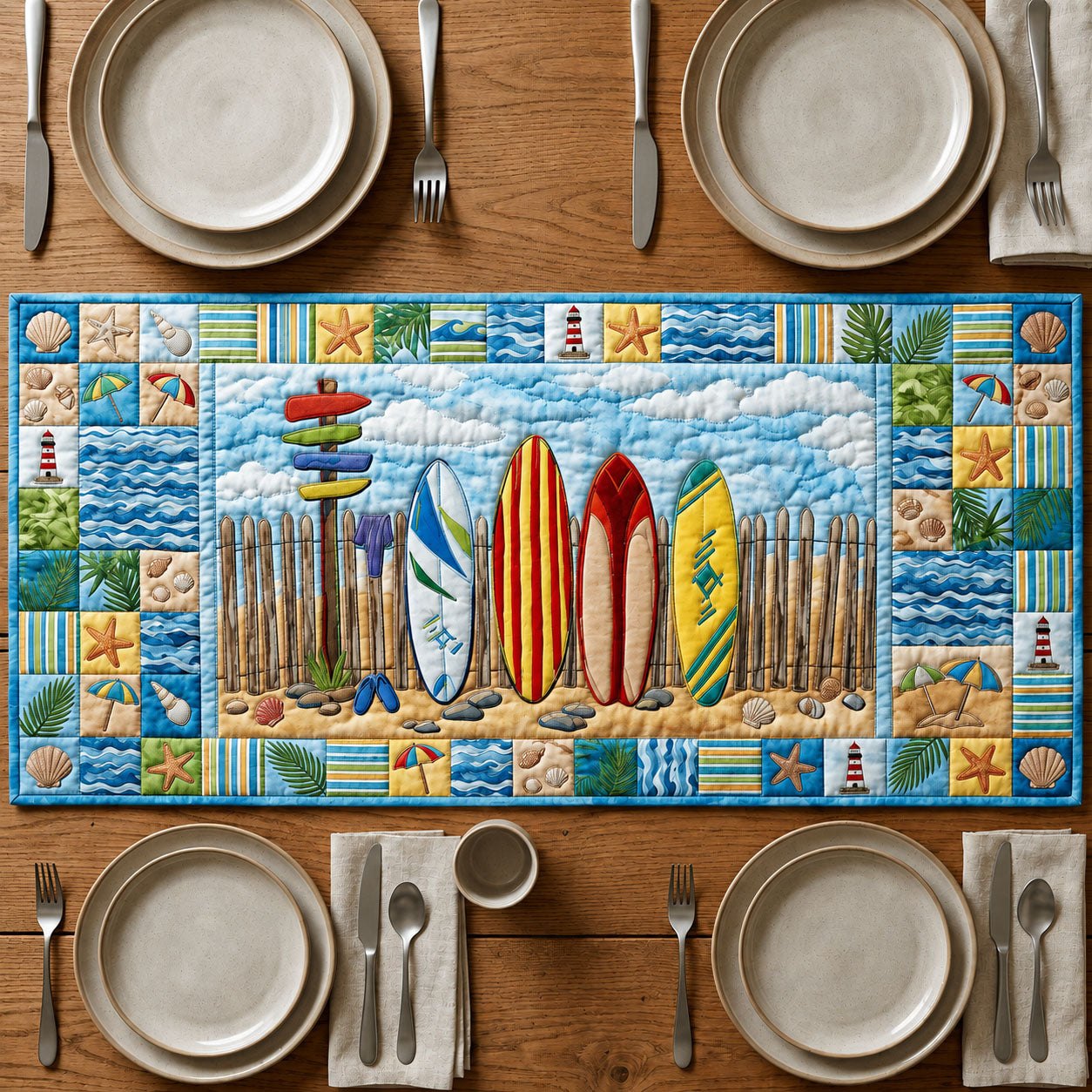 Surfboards Leaning on Beach Fence Table Runner