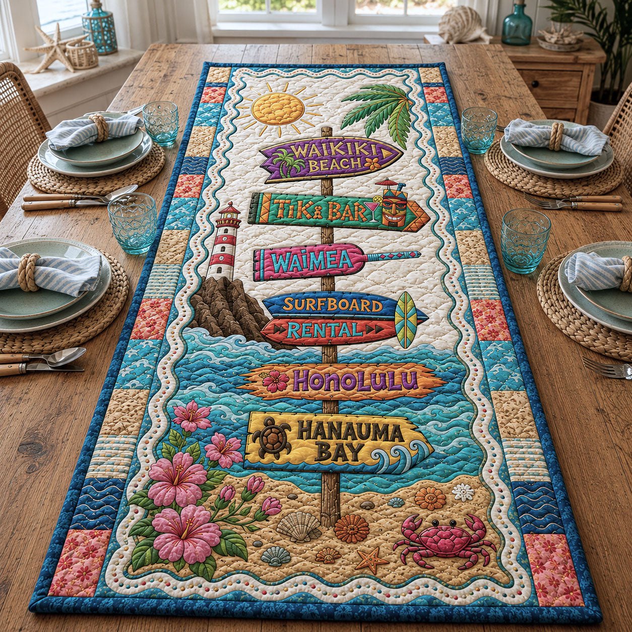 Beach Signpost with Coral and Crab Table Runner