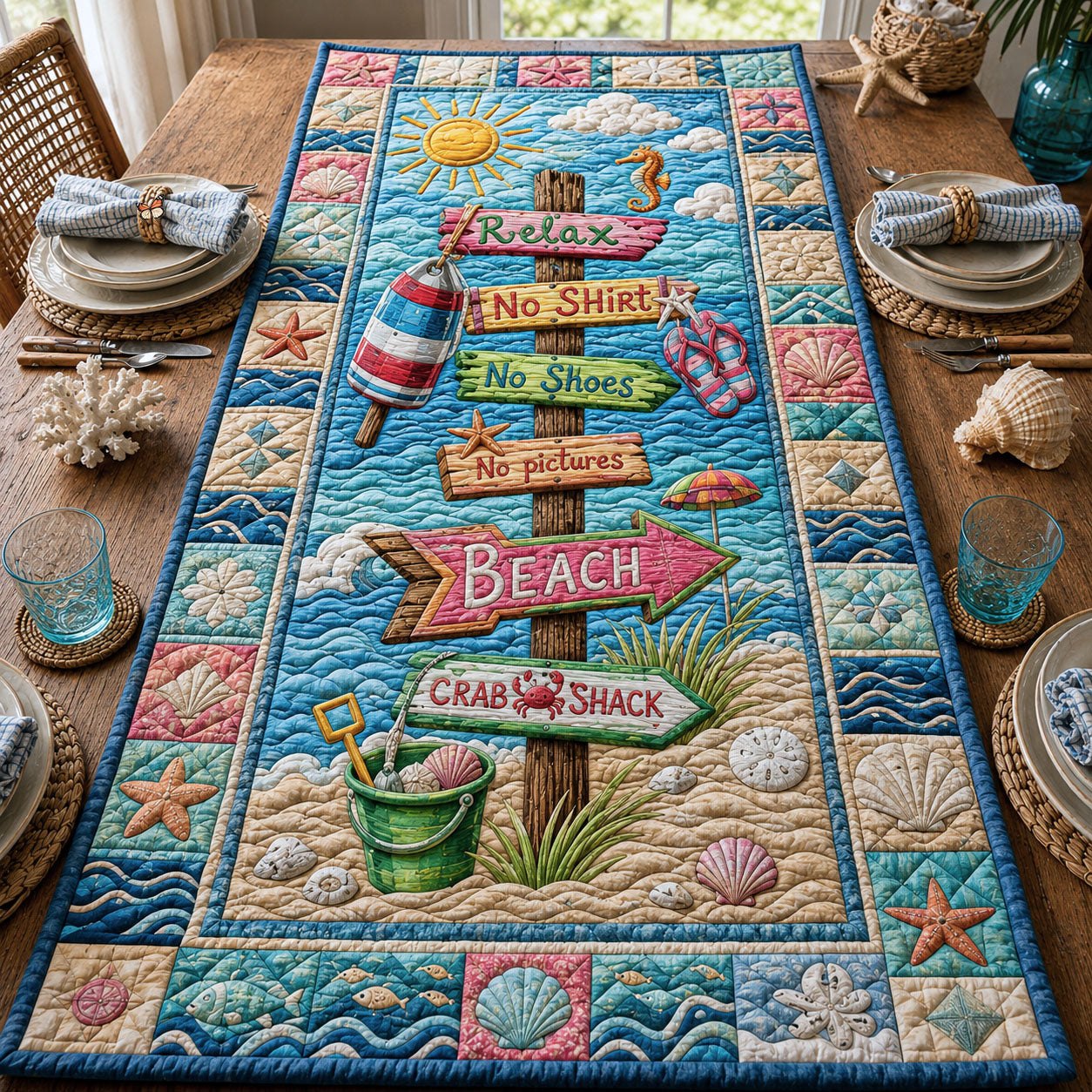 Beach Signs with Bucket and Shells Table Runner