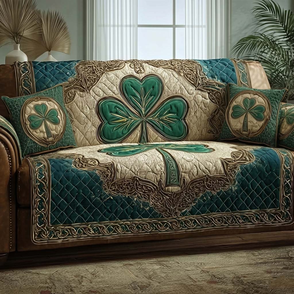 Green Shamrock on Ivory and Jade Sofa Cover