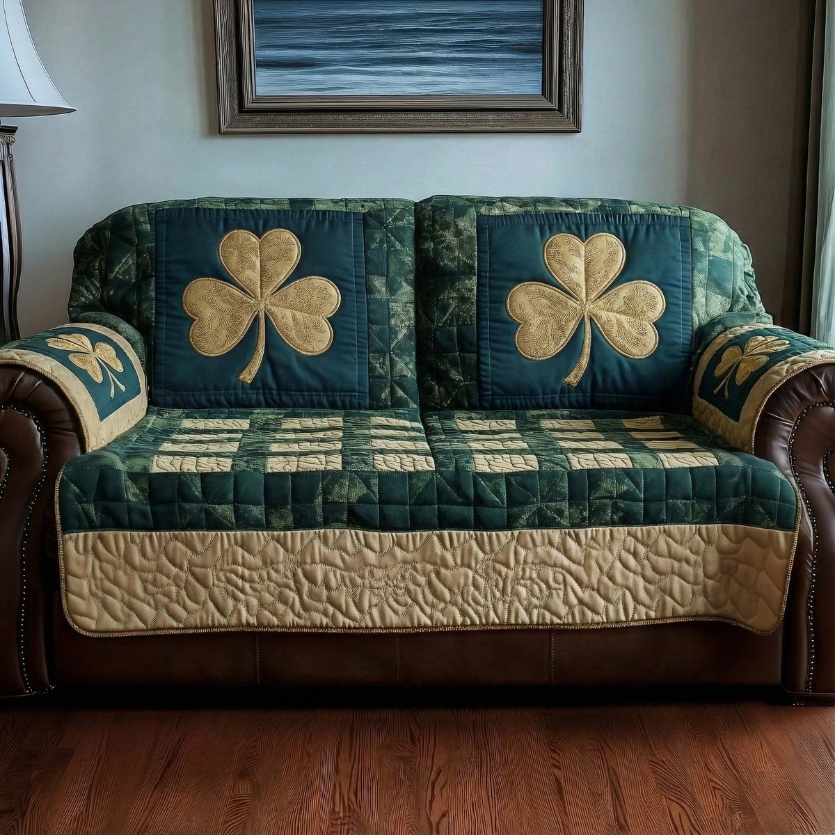Shamrocks on the Teal Check Sofa Cover