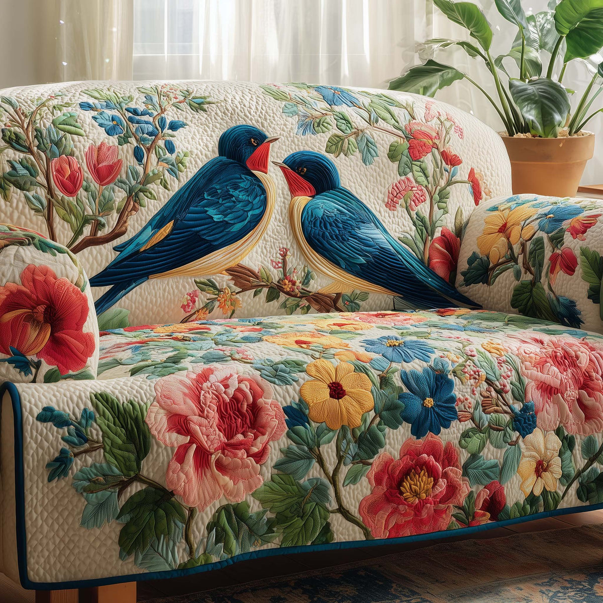 Blue Swallows Among Pink Blooms Sofa Cover