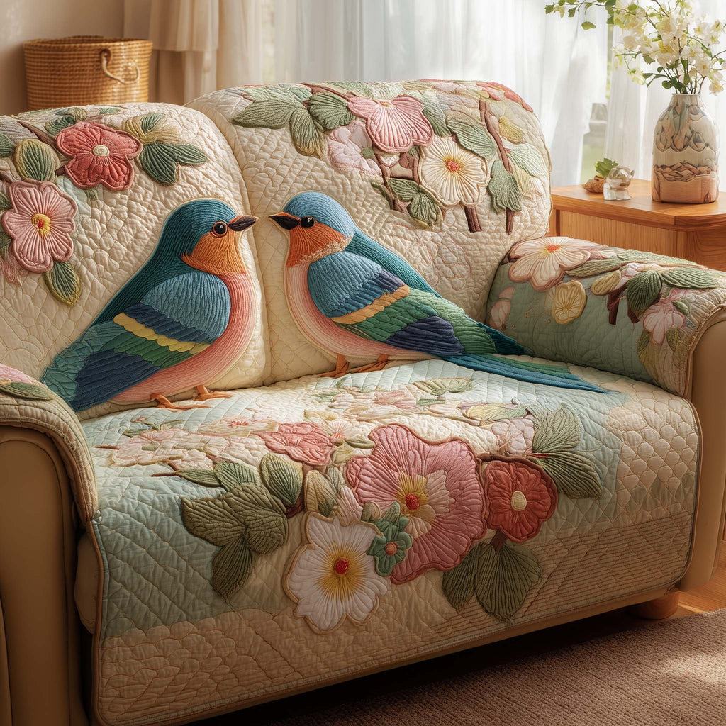 Two Bluebirds Above Pale Pink Flowers Sofa Cover