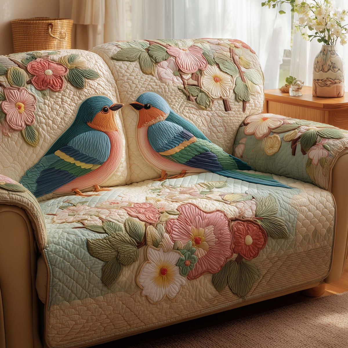 Two Bluebirds Above Pale Pink Flowers Sofa Cover