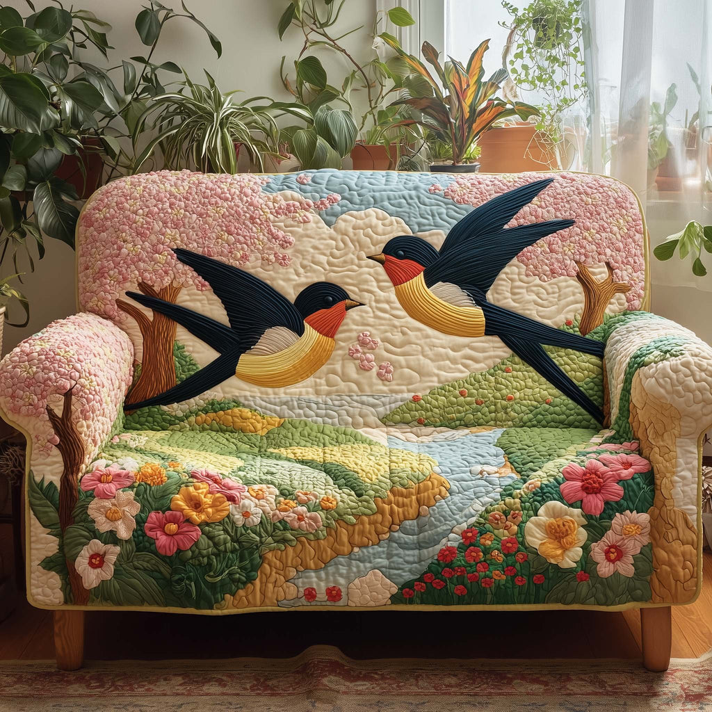 Barn Swallows Over the Flower Field Sofa Cover