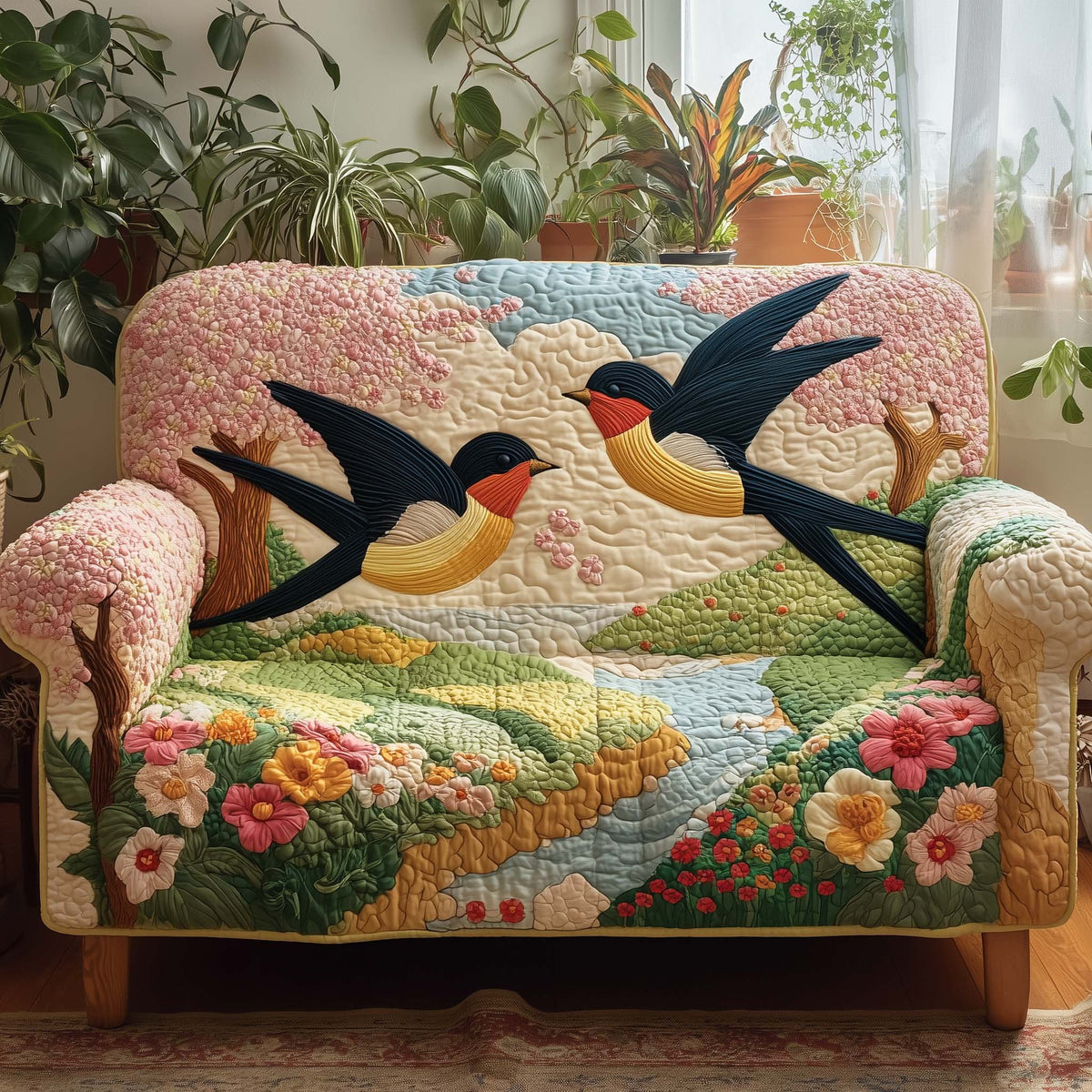 Barn Swallows Over the Flower Field Sofa Cover