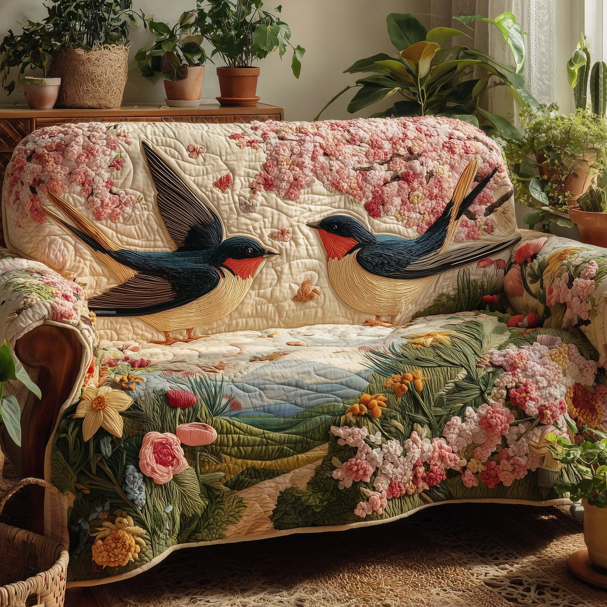 Swallows Crossing the Spring Meadow Sofa Cover