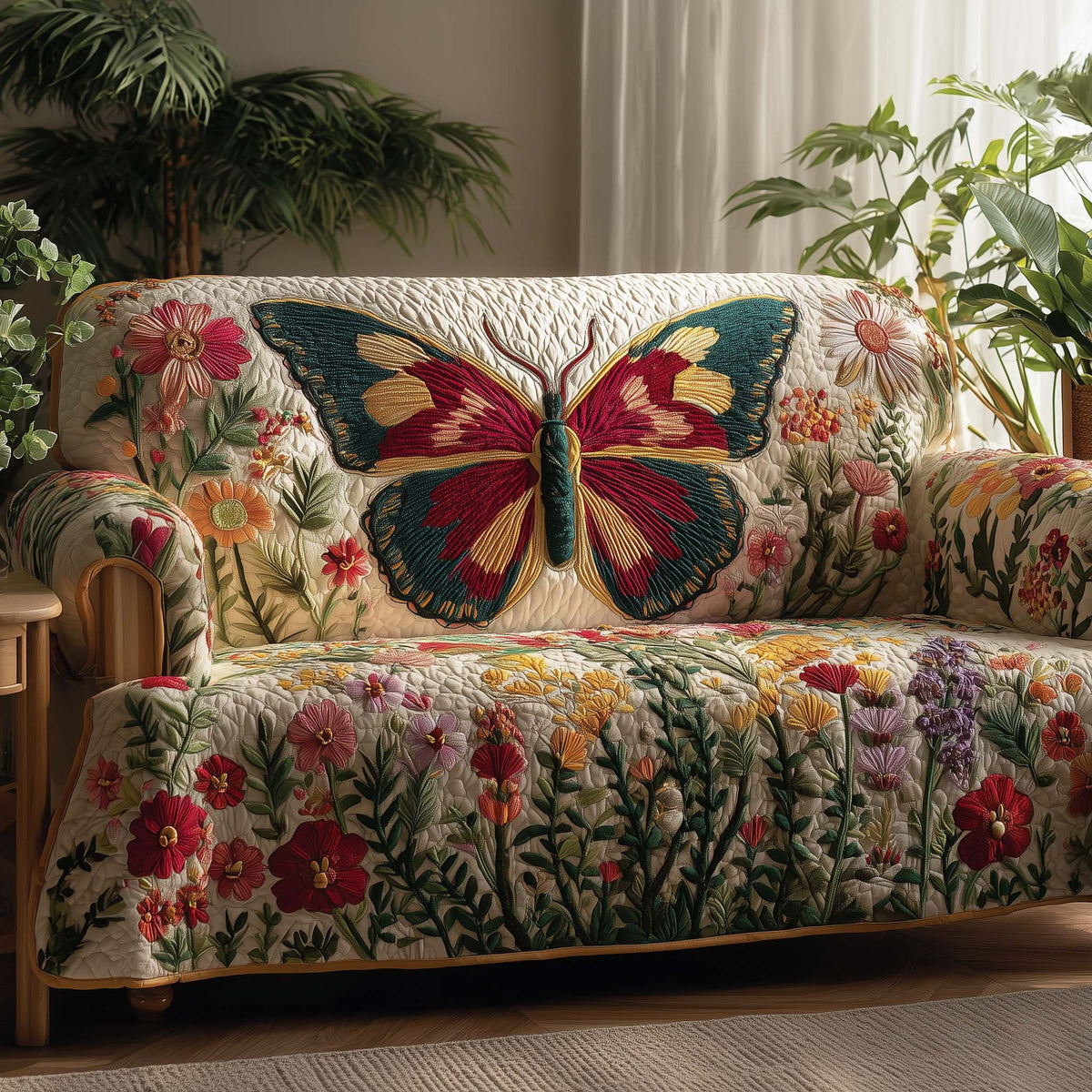 Red and Teal Butterfly on the Wildflower Bank Sofa Cover