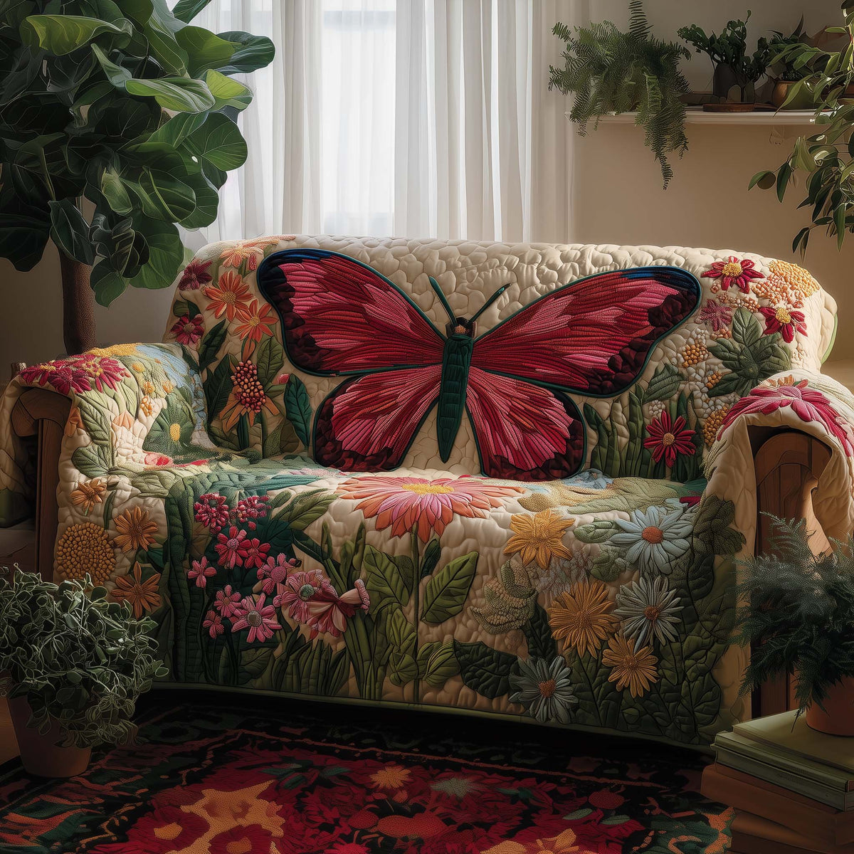 Pink Butterfly in the Wildflowers Sofa Cover