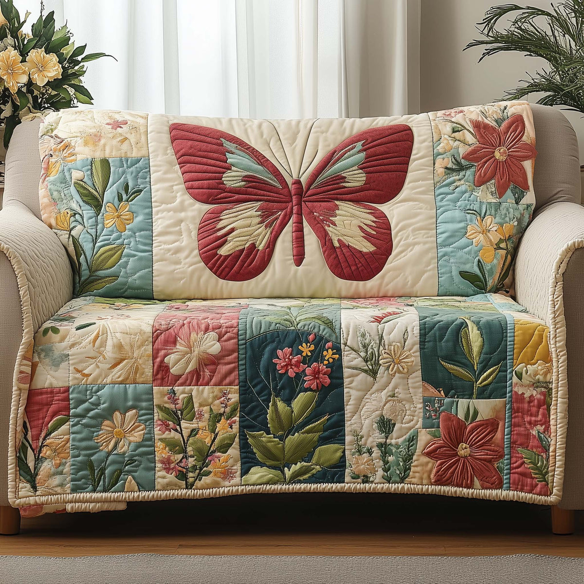 Pink Butterfly on Pastel Patchwork Sofa Cover