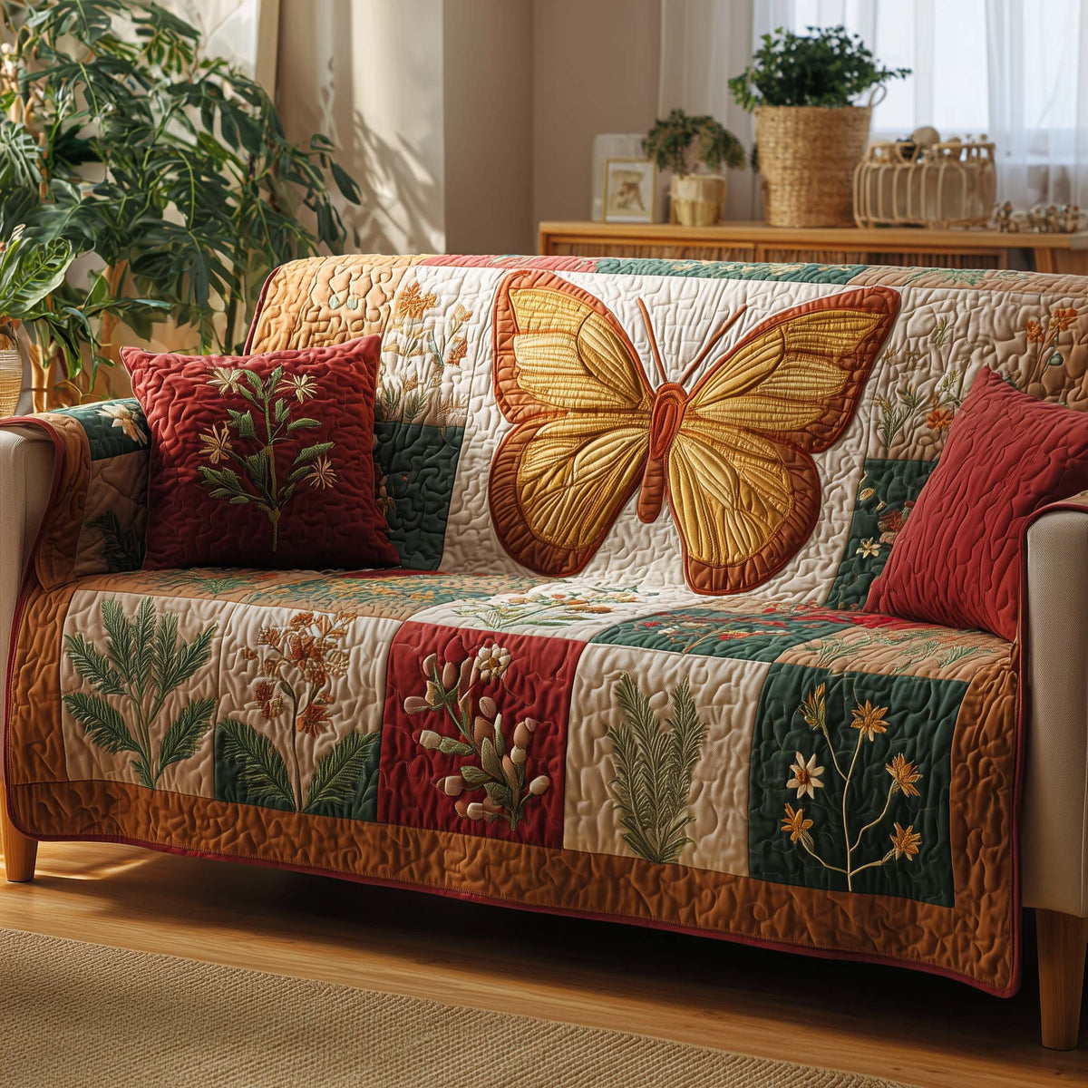 Golden Butterfly Above Flower Squares Sofa Cover