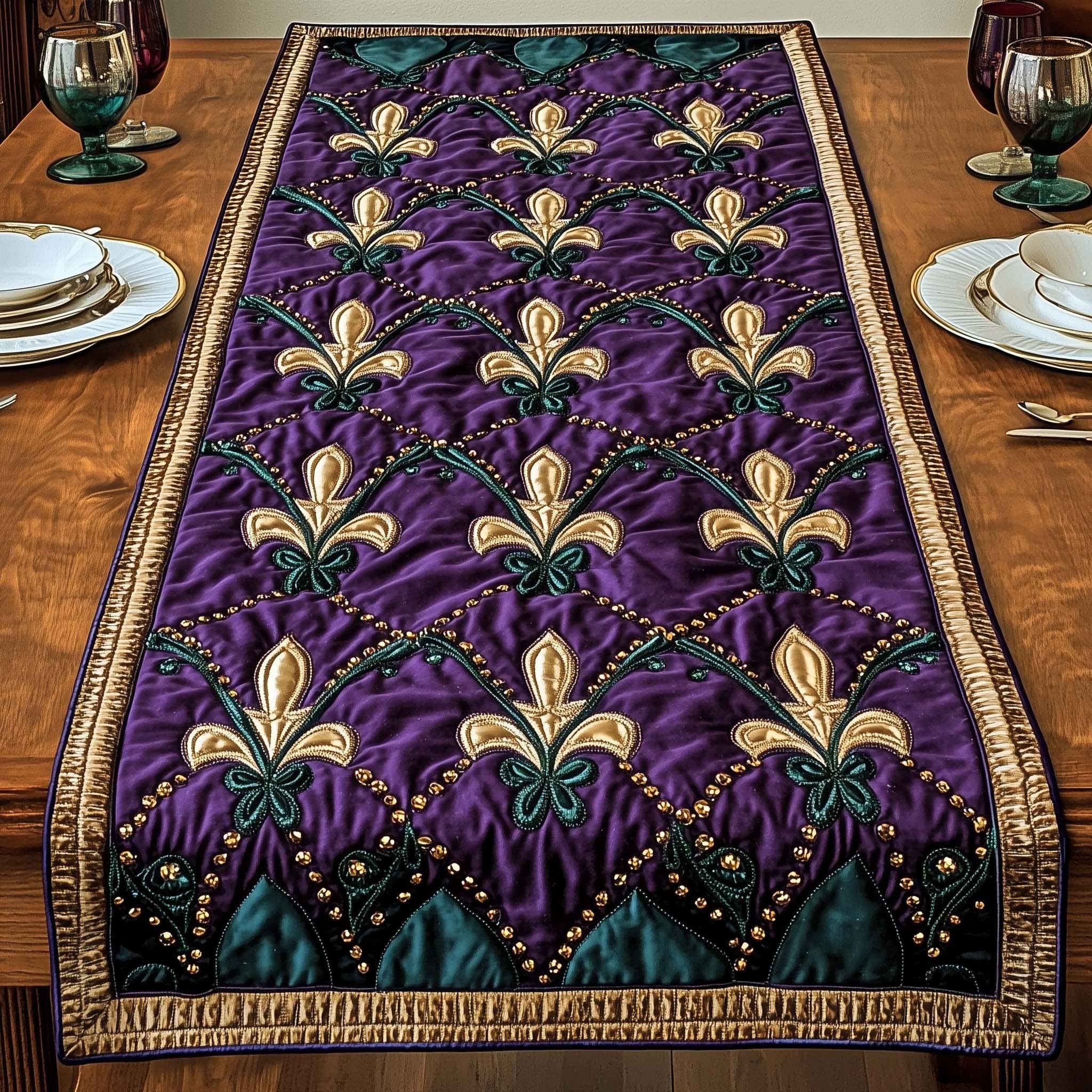 Gold Fleur de Lis on Purple Table Runner