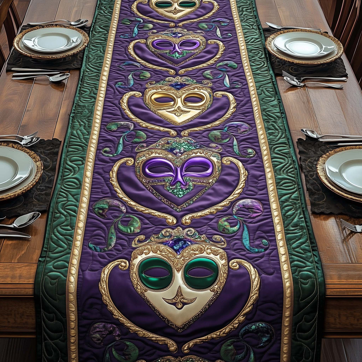 Masks and Fleur de Lis on Purple Table Runner