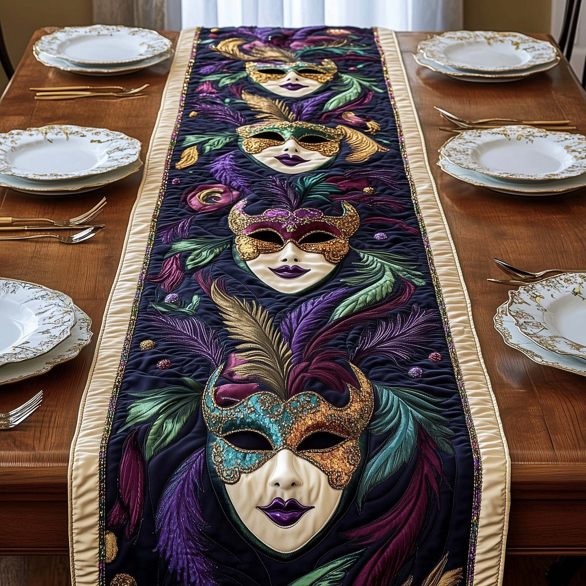 Feathered Masks in Purple and Green Table Runner