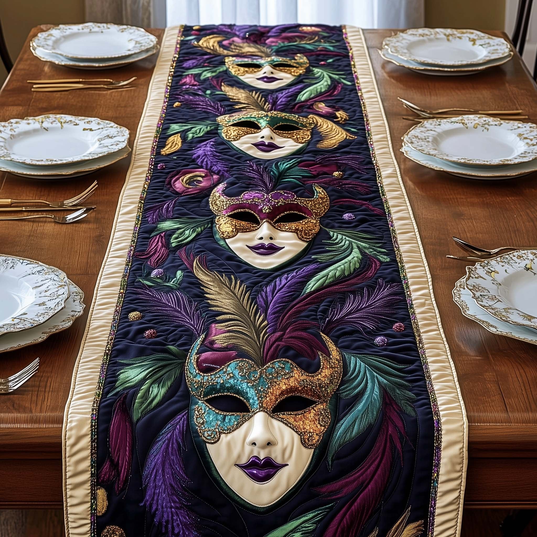 Feathered Masks in Purple and Green Table Runner