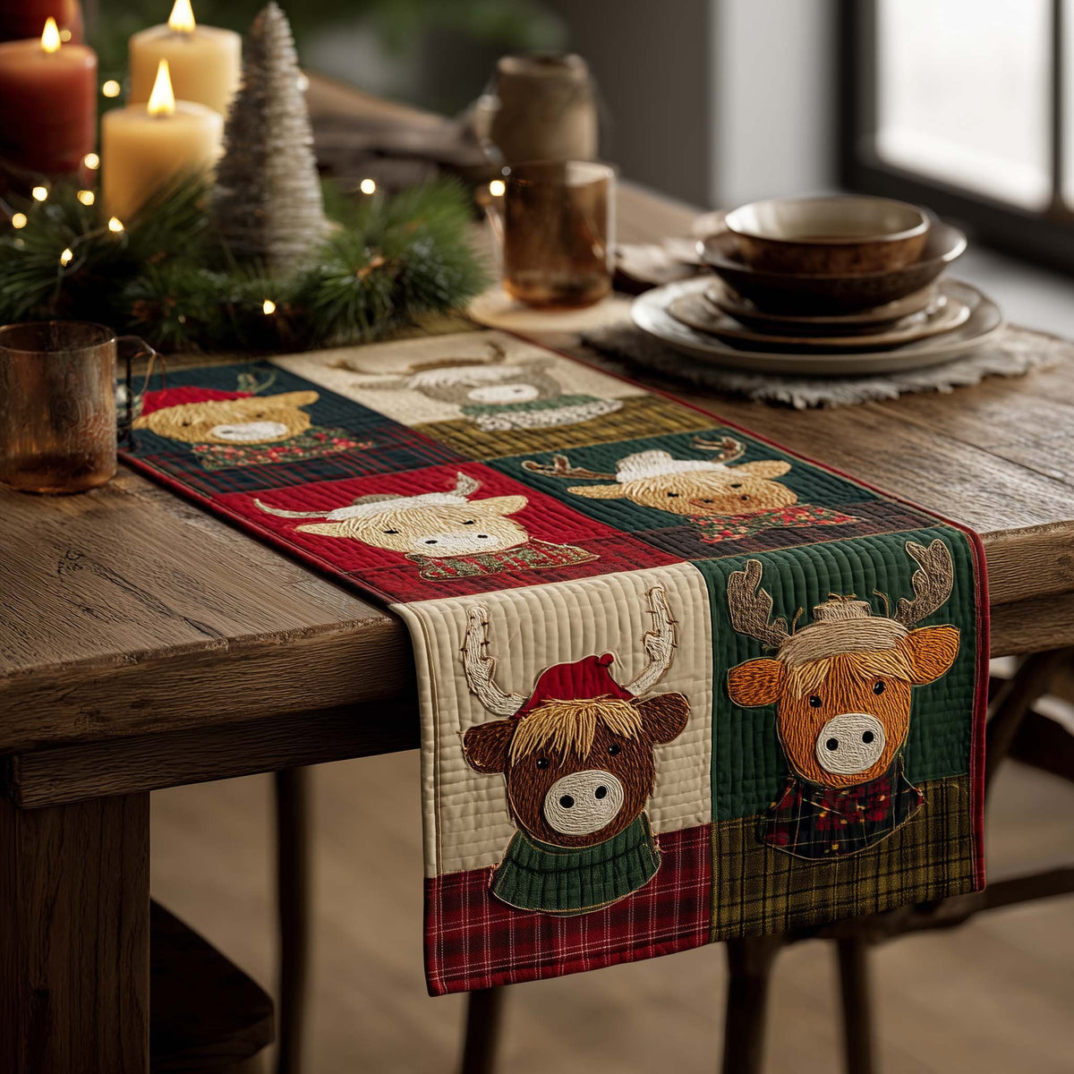Cows in Santa Hats on Plaid Table Runner