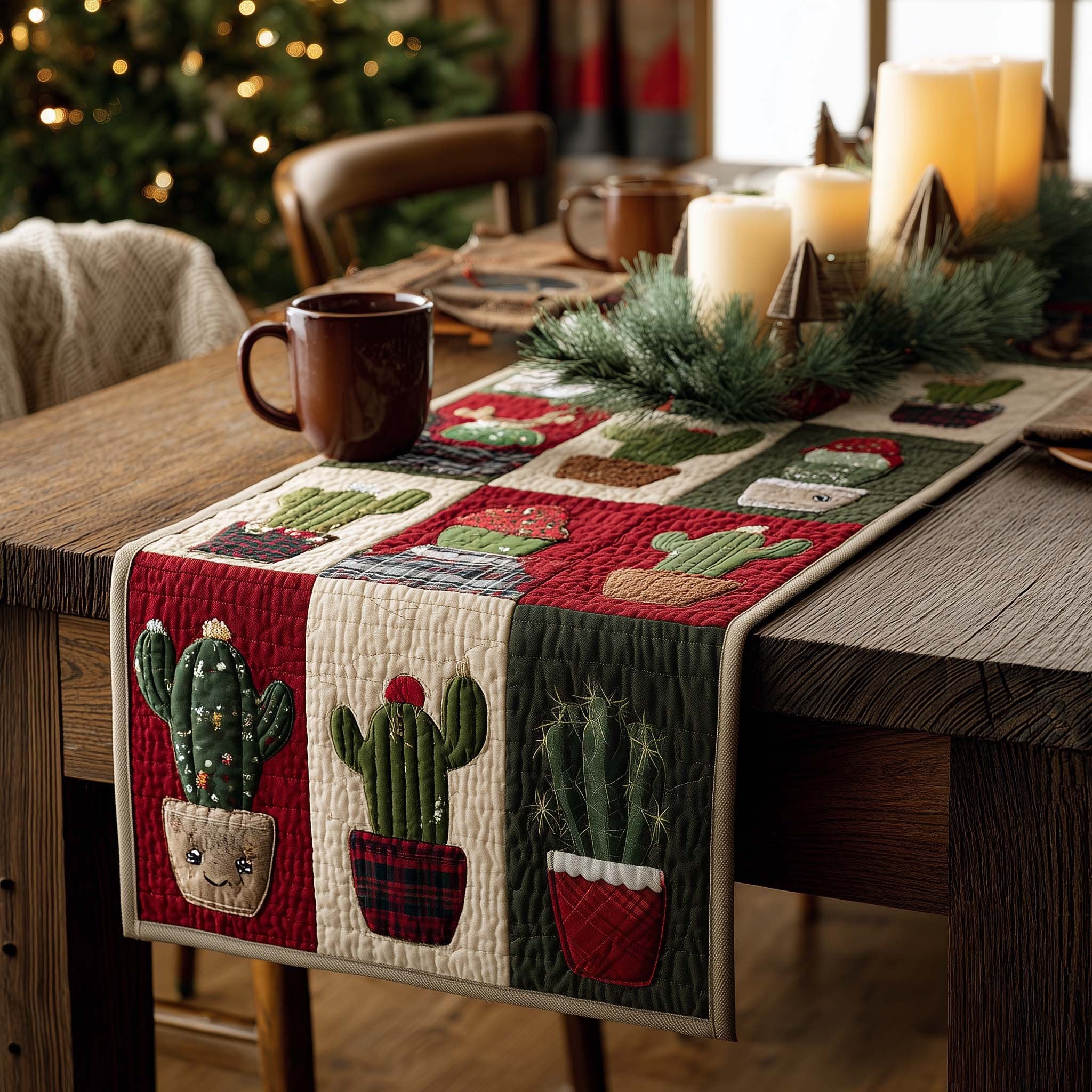 Potted Cacti on Red and Green Table Runner