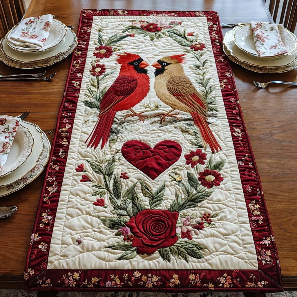 Cardinals with Heart and Roses Table Runner